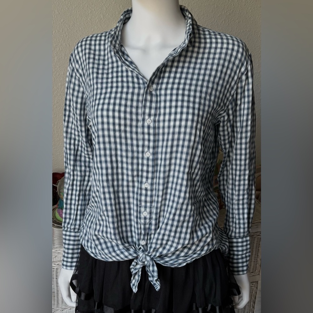 Club Monaco Blouse High Low Wrap Ties Oversize Cotton Blue & White Plaid Size XS